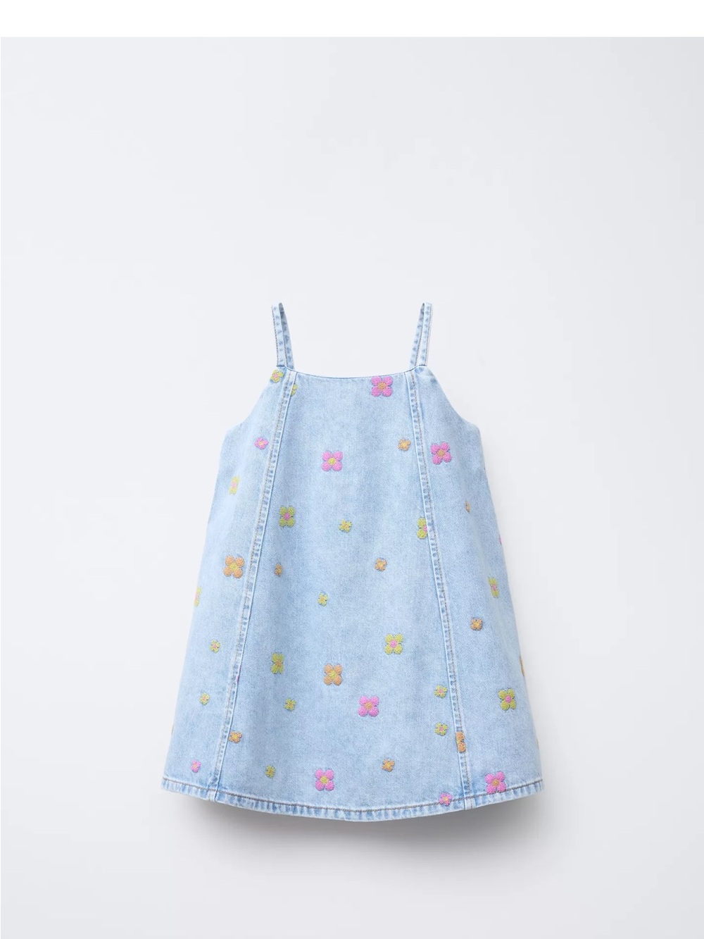 Zara Light Blue Denim Dress with Multicolor Floral Embroidery
